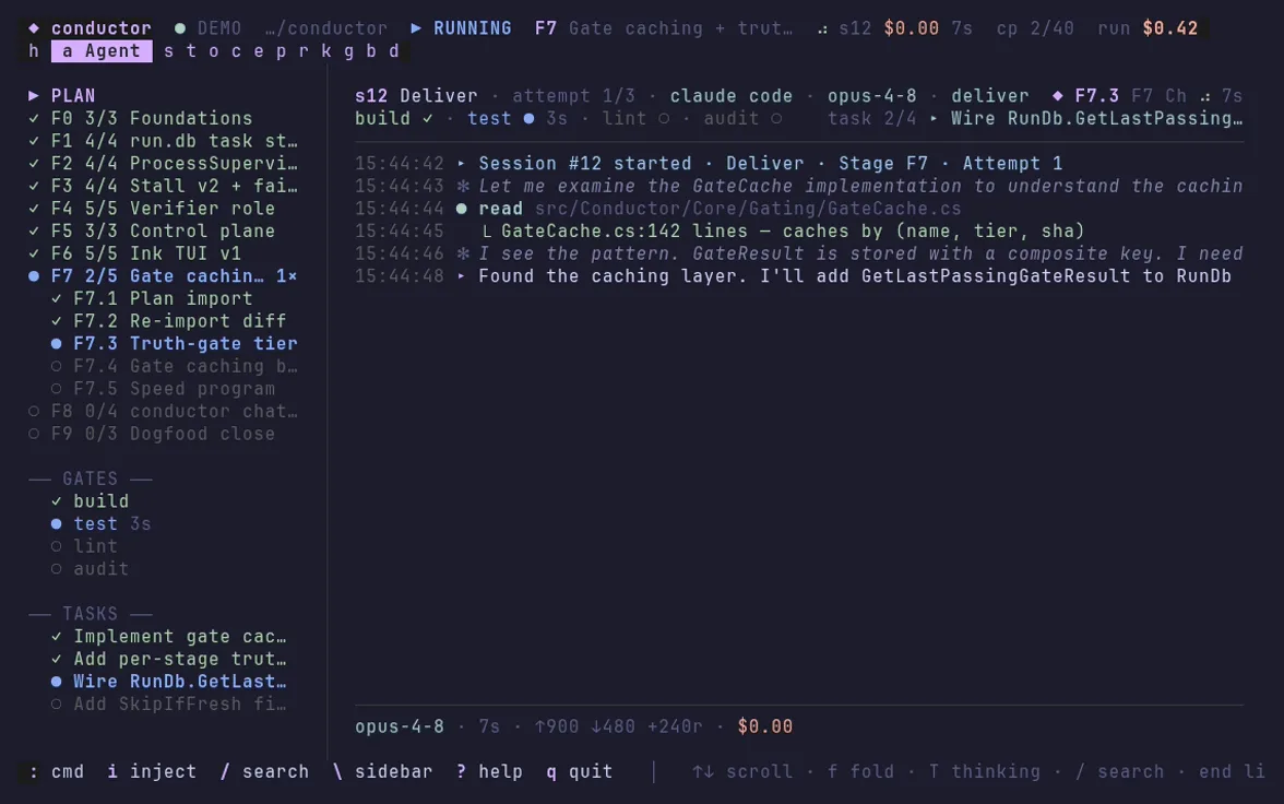 A live agent transcript inside Conductor, listing timestamped file reads and reasoning against a named source file.