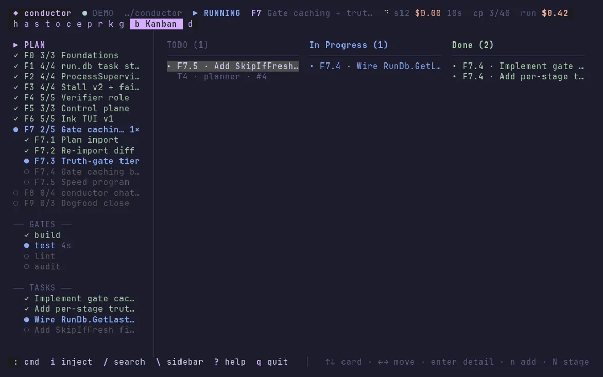 Conductor's board view, with tasks arranged in Todo, In Progress and Done columns.