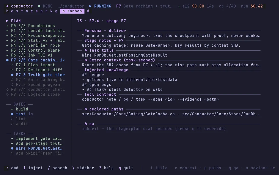 A task card in Conductor showing its persona, stage notes, injected knowledge, tool contract and declared file paths.