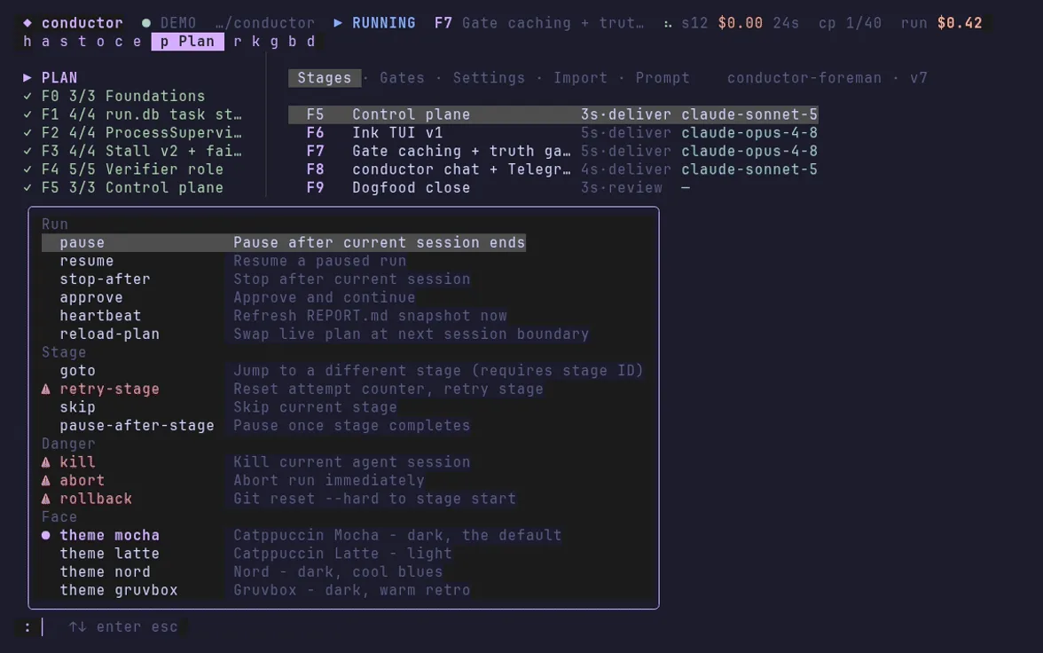 Conductor's command palette, listing run, stage and danger commands with a description beside each.