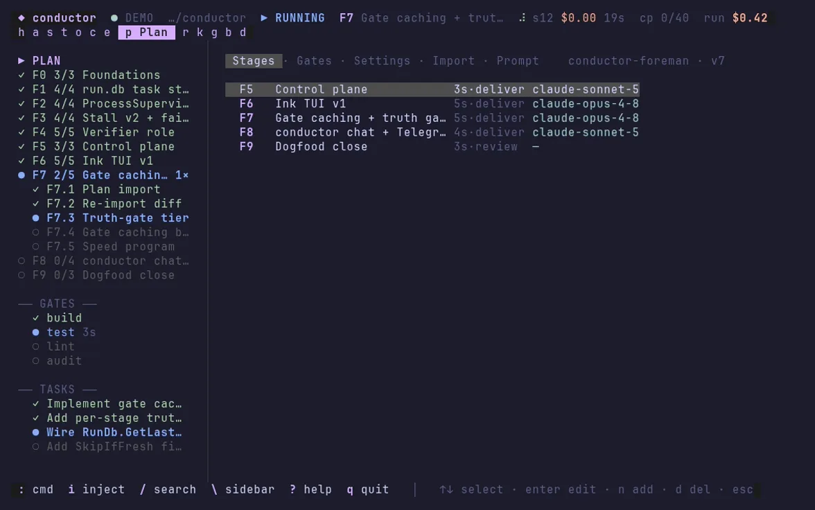 Conductor's plan editor, listing the remaining stages with their durations and assigned models.