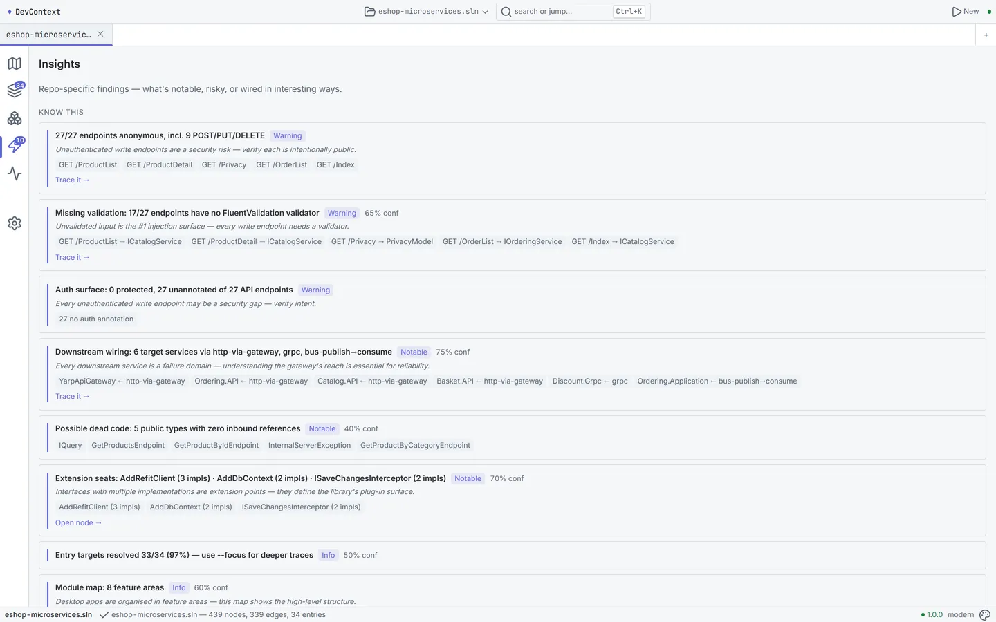 DevContext2's Insights view, listing findings such as anonymous endpoints, missing validators and possible dead code.