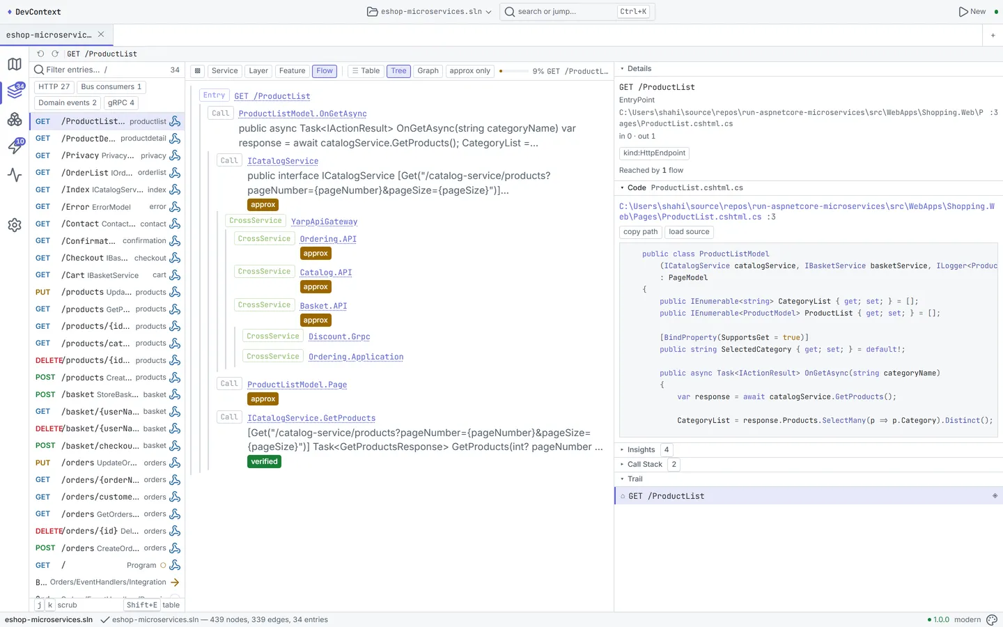 DevContext2 tracing an HTTP endpoint through calls and cross-service hops, with the matching source code and its file path shown beside it.