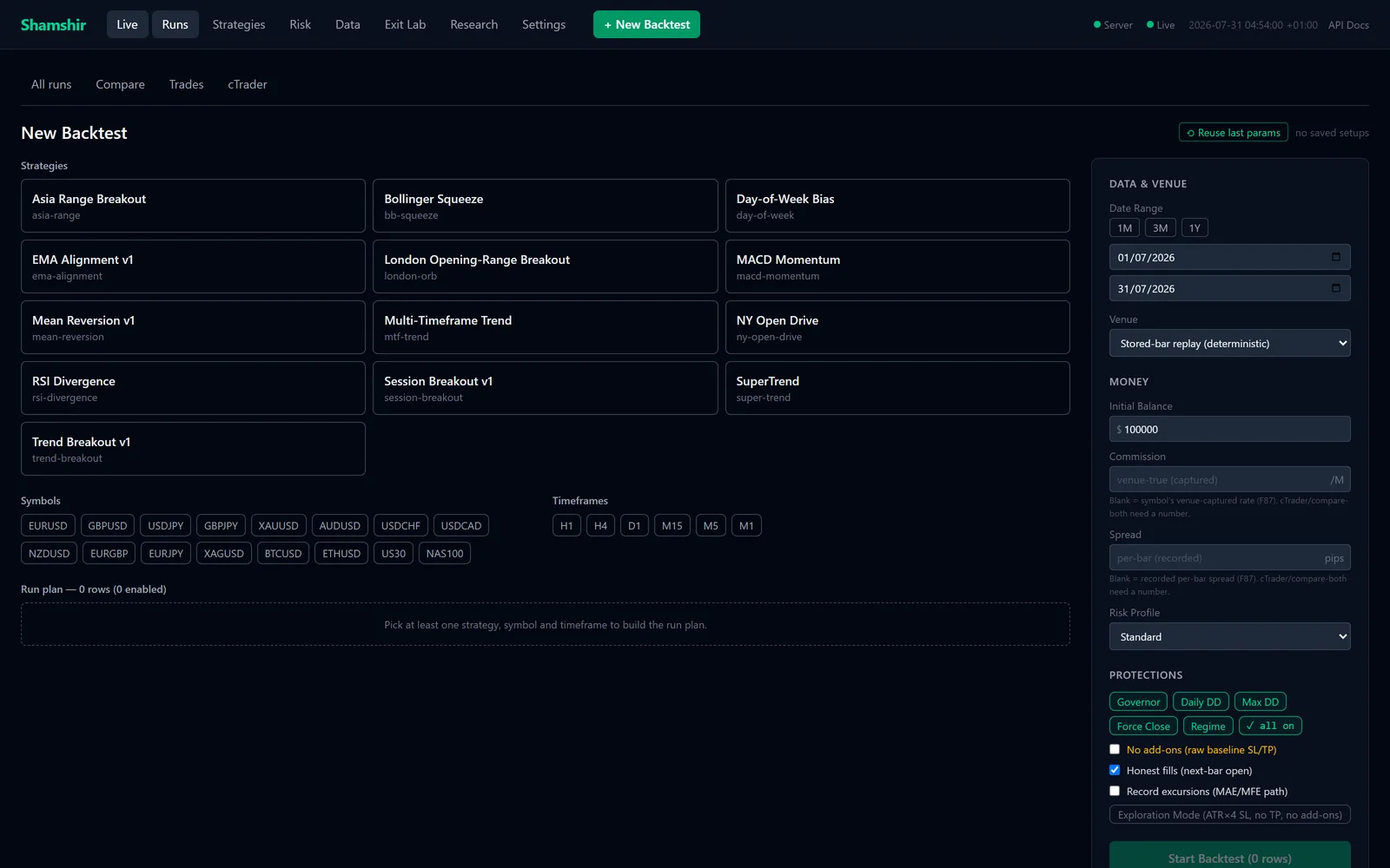 Shamshir's run builder: strategies, symbols and timeframes selected on the left, with date range, venue, balance, costs and protection toggles down the right.
