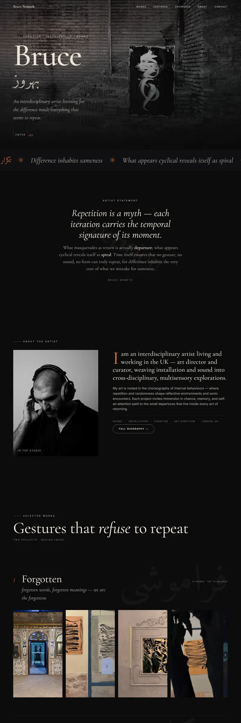 Bruce's site on a desktop: his name in a large serif over the Persian spelling, on a dark photograph of a painted canvas propped against a brick wall, and the line about listening for the difference inside everything that seems to repeat.