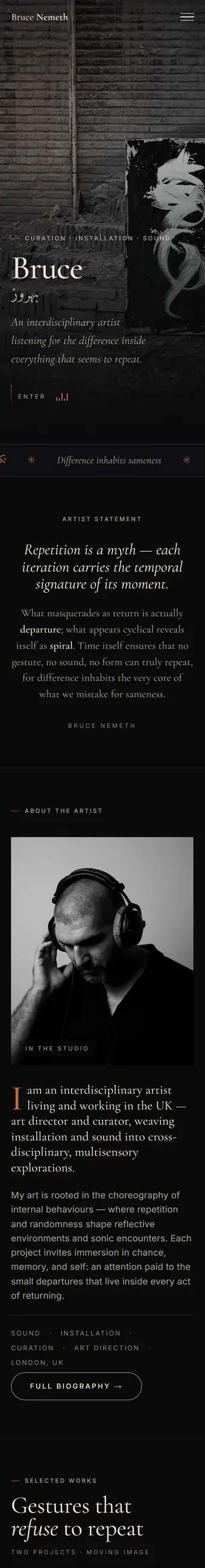 The same page on a phone: the photograph fills the screen, the name and the line stack under it, and a single Enter link sits at the bottom.