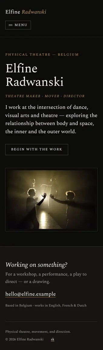The same page on a phone: the navigation collapses to a menu button, the name and the paragraph stack, and the photograph of the performers sits under the link that begins the work.
