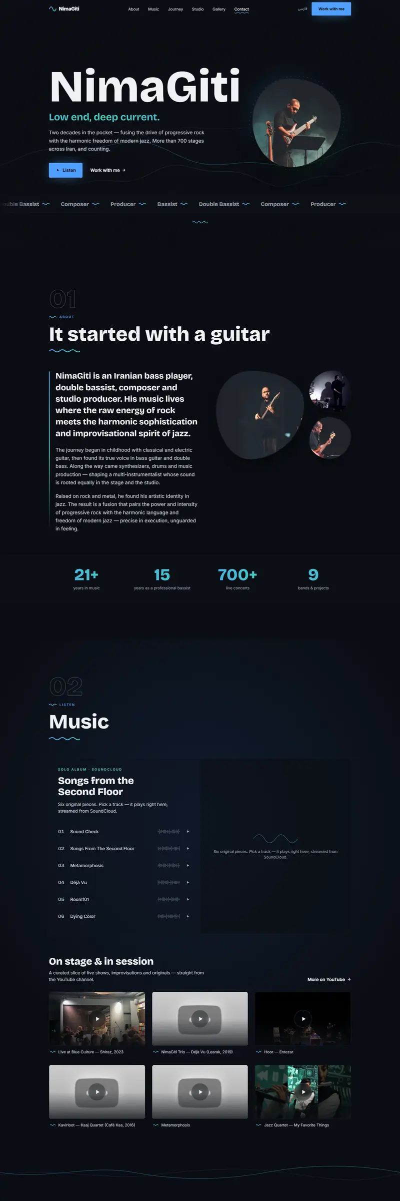 Nima's site on a desktop: his name across a near-black page, 'Low end, deep current.' in teal beneath it, Listen and Work with me buttons, and a circular photograph of him playing bass under a stage light.